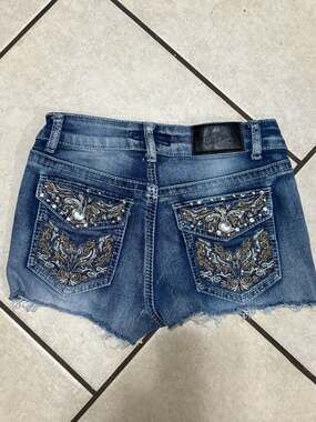 True Luck Western Embellished Rhinestone Frayed Hem Denim Shorts